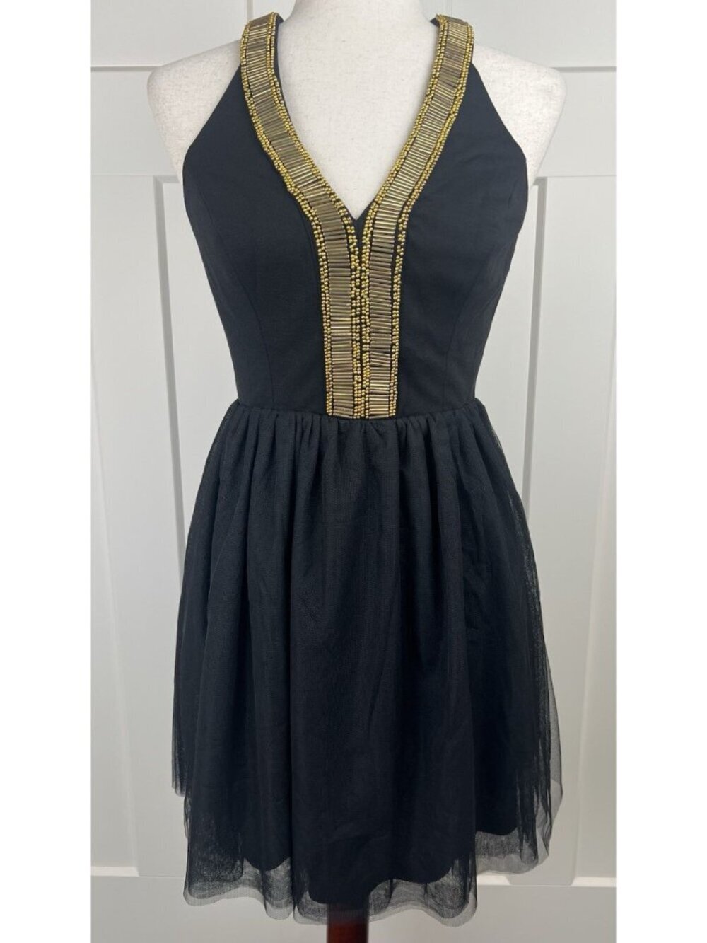Ark & Co Black Gold Embellished Dress Tulle Skirt Open Back Cocktail Size S NWT